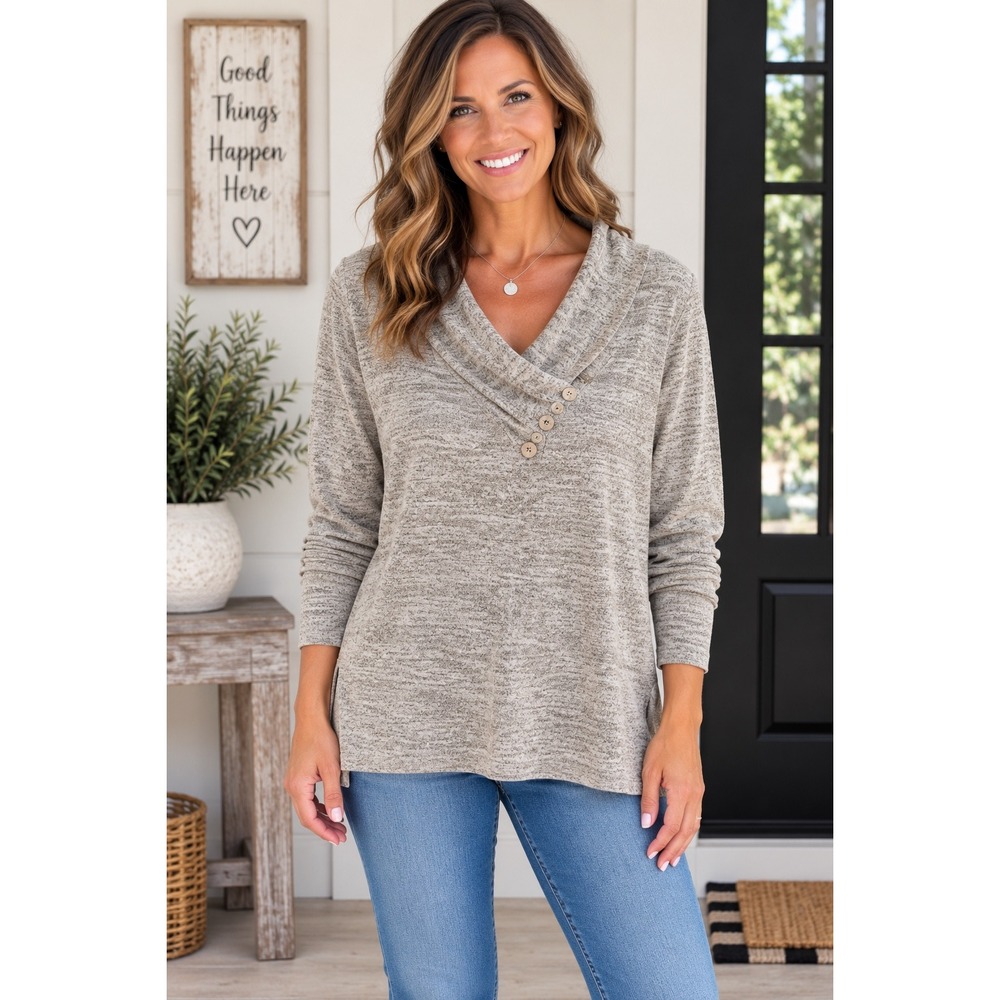 Zeagoo Womens Tan Heathered Shawl Neck Button Detail Long Sleeve Top XL NWT
